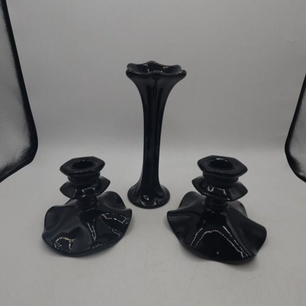 Vintage Black Glass Two Candlesticks Holders and a Bud Vase
